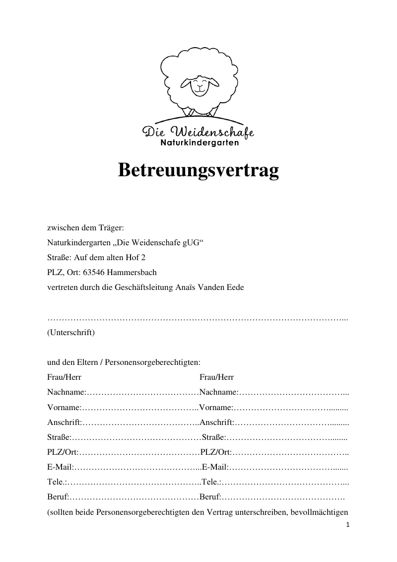 Erste Seite von Betreuungsvertrag